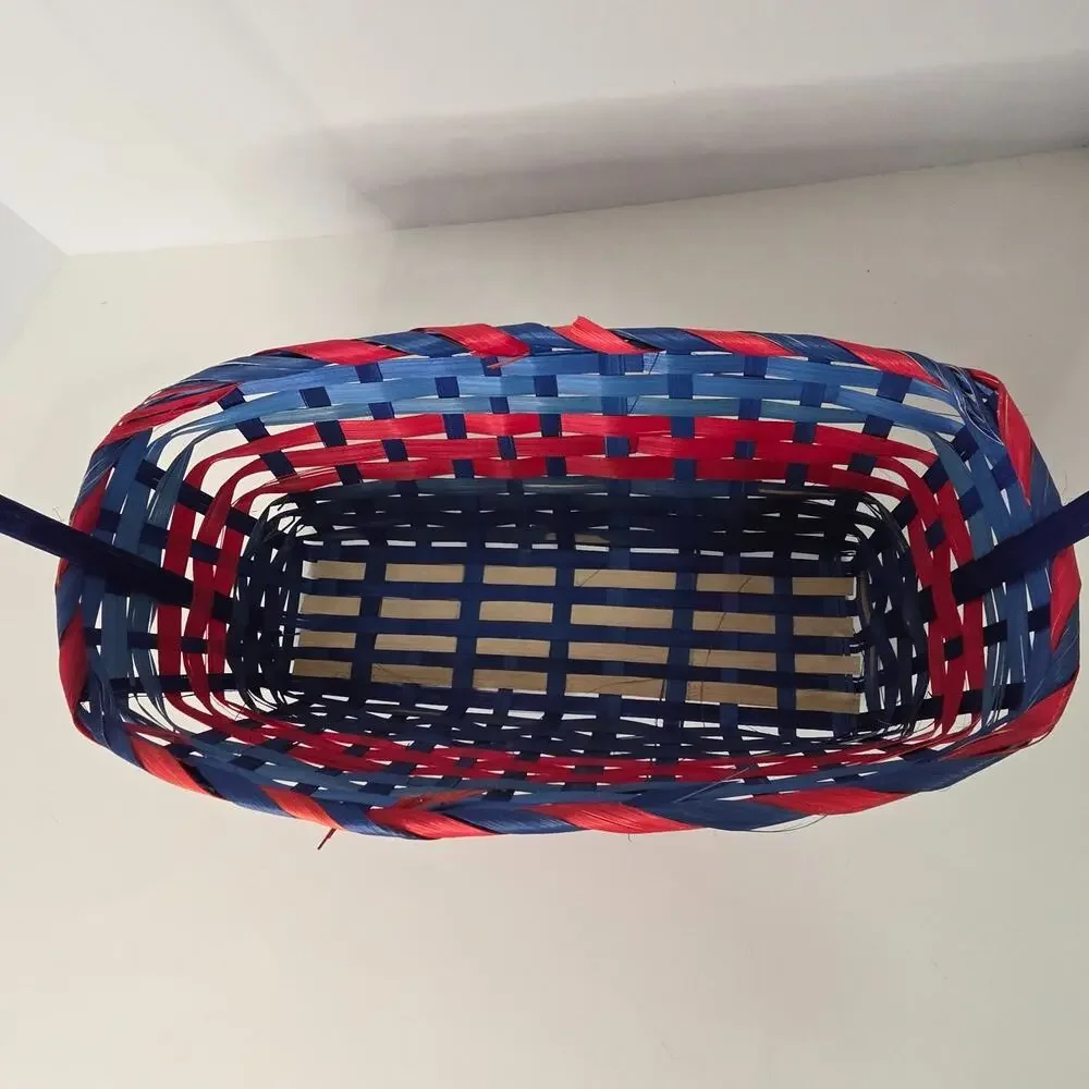 Red Blue Woven Wicker Basket Tall Handle Patriotic Americana Decor